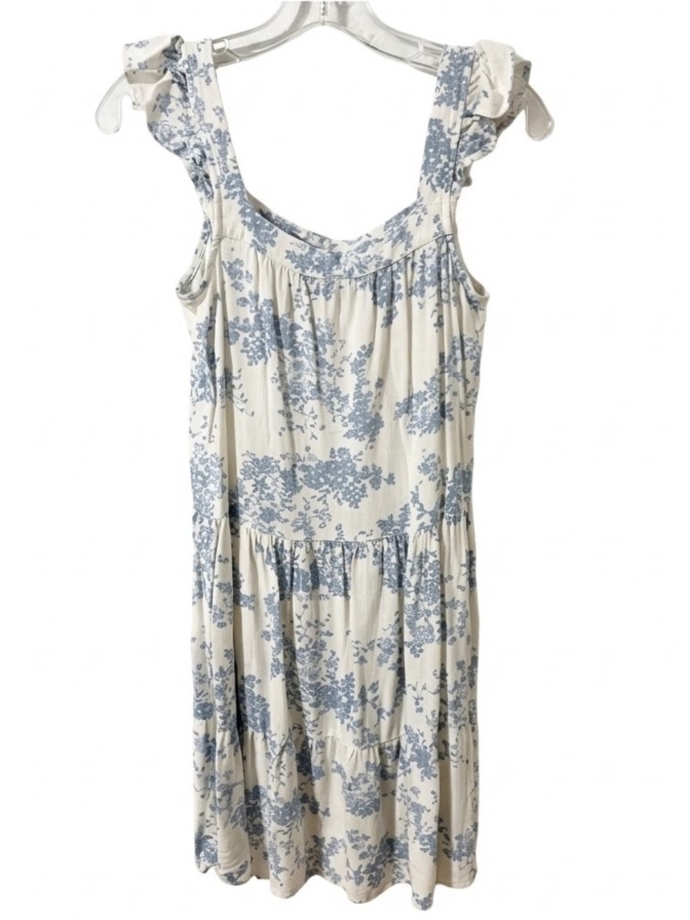 Monteau Los Angeles Size XS Floral Tiered Mini Dress Blue White Linen Blend
